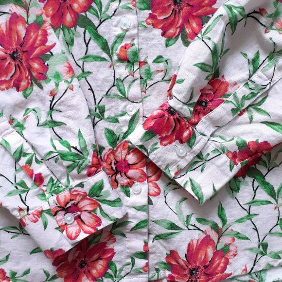 Charter Club Linen Long Sleeve Floral Print Roll Tab Button Up Shirt Pink Size M - Picture 7 of 12